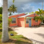 A pink house with palm trees in the background.