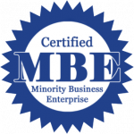 A blue and white seal that says certified minority business enterprise mbe.